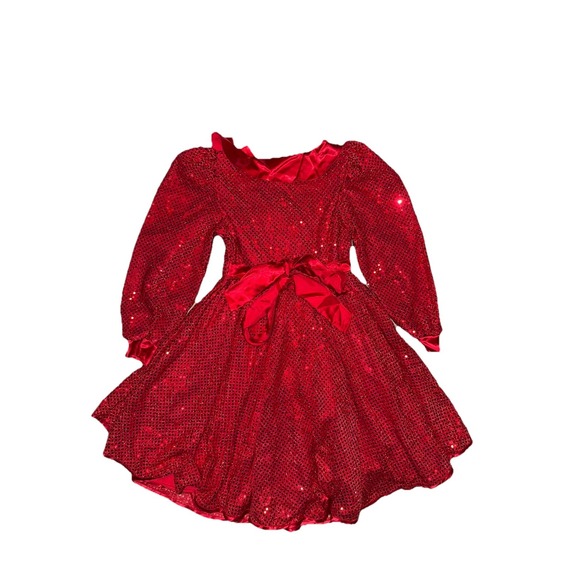 Memories VTG 80s Girls Sz 8 Red Sequin Gold Pearl Long Sleeve Party Dress - Picture 2 of 5